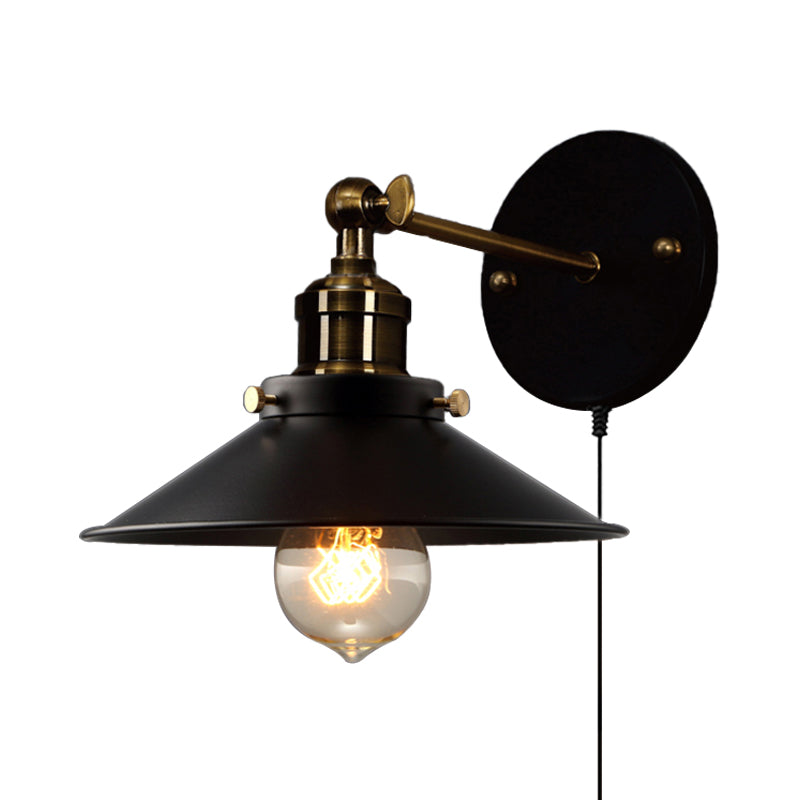 Black Cone Wall Lamp Retro Style Metal 1 Bulb Dining Room Angle Adjustable Wall Sconce with Plug-In Cord Clearhalo 'Art deco wall lights' 'Cast Iron' 'Glass' 'Industrial wall lights' 'Industrial' 'Middle century wall lights' 'Modern' 'Rustic wall lights' 'Tiffany' 'Traditional wall lights' 'Wall Lamps & Sconces' 'Wall Lights' Lighting' 160179