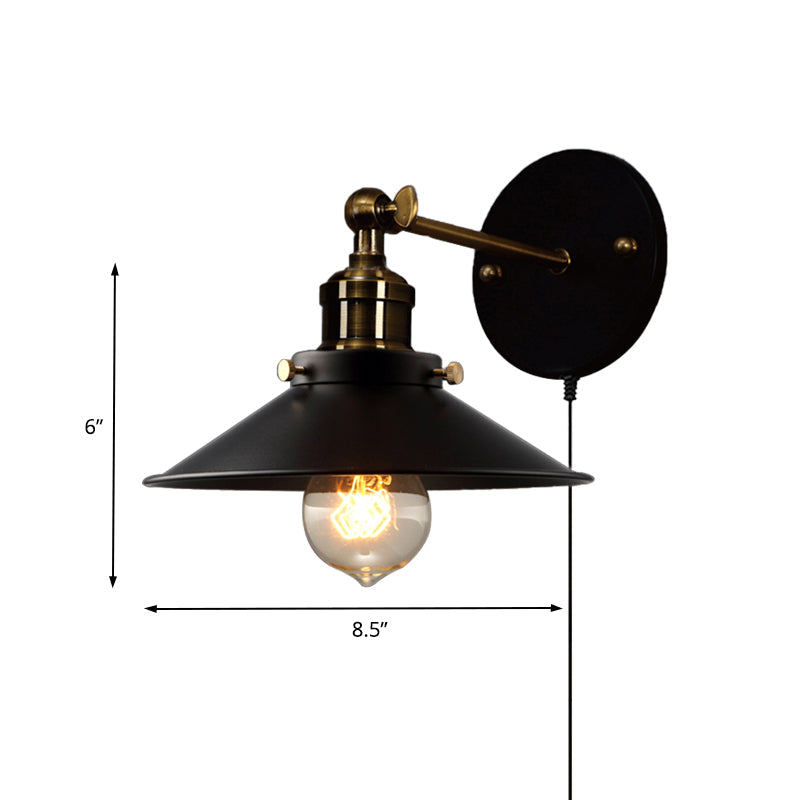 Black Cone Wall Lamp Retro Style Metal 1 Bulb Dining Room Angle Adjustable Wall Sconce with Plug-In Cord Clearhalo 'Art deco wall lights' 'Cast Iron' 'Glass' 'Industrial wall lights' 'Industrial' 'Middle century wall lights' 'Modern' 'Rustic wall lights' 'Tiffany' 'Traditional wall lights' 'Wall Lamps & Sconces' 'Wall Lights' Lighting' 160180