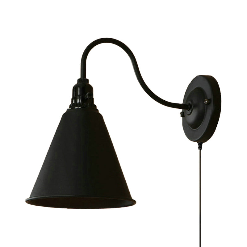 1 Light Tapered Wall Sconce with Plug-In Cord Industrial Black Metallic Sconce Light for Front Door Clearhalo 'Art deco wall lights' 'Cast Iron' 'Glass' 'Industrial wall lights' 'Industrial' 'Middle century wall lights' 'Modern' 'Rustic wall lights' 'Tiffany' 'Traditional wall lights' 'Wall Lamps & Sconces' 'Wall Lights' Lighting' 160184