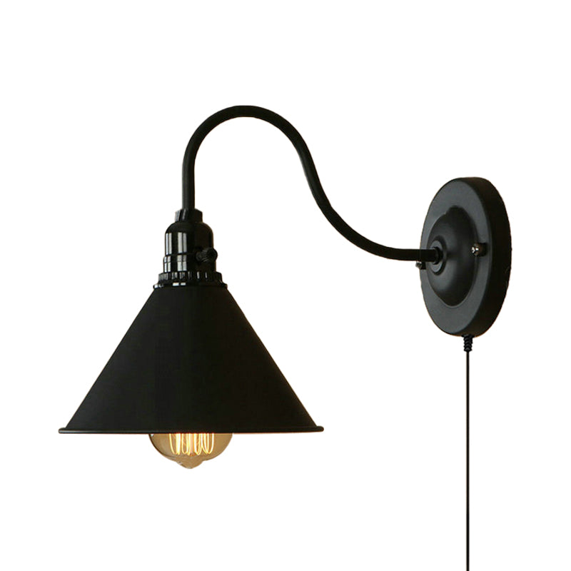 Retro Stylish Conical Wall Lighting 1 Bulb Metal Plug-In Sconce Lamp with Gooseneck Arm in Matte Black for Porch Clearhalo 'Art deco wall lights' 'Cast Iron' 'Glass' 'Industrial wall lights' 'Industrial' 'Middle century wall lights' 'Modern' 'Rustic wall lights' 'Tiffany' 'Traditional wall lights' 'Wall Lamps & Sconces' 'Wall Lights' Lighting' 160197