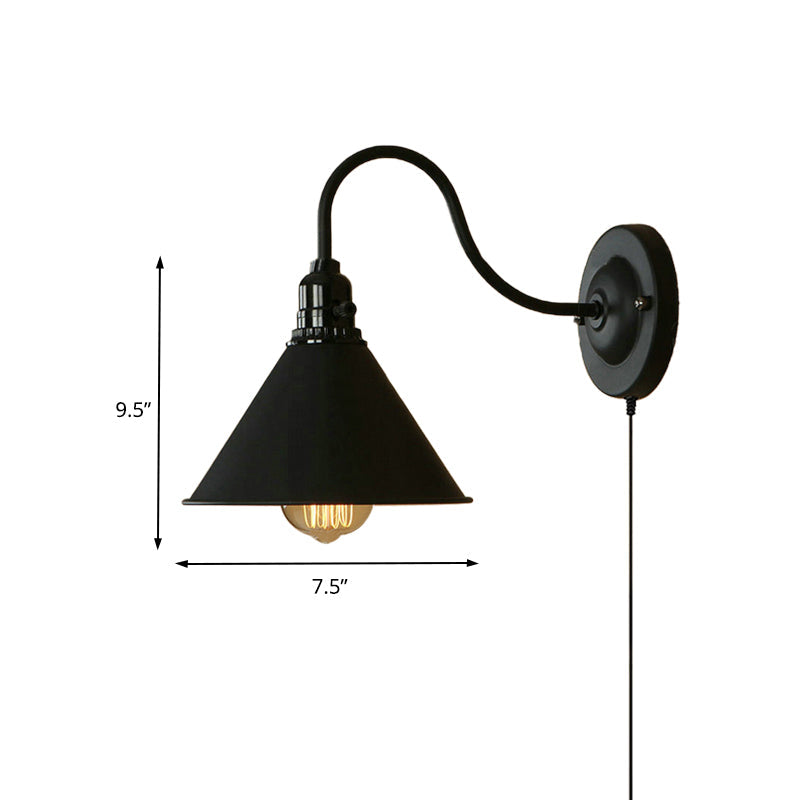 Retro Stylish Conical Wall Lighting 1 Bulb Metal Plug-In Sconce Lamp with Gooseneck Arm in Matte Black for Porch Clearhalo 'Art deco wall lights' 'Cast Iron' 'Glass' 'Industrial wall lights' 'Industrial' 'Middle century wall lights' 'Modern' 'Rustic wall lights' 'Tiffany' 'Traditional wall lights' 'Wall Lamps & Sconces' 'Wall Lights' Lighting' 160198