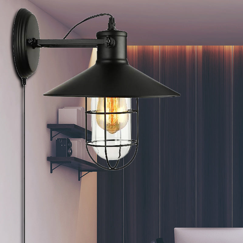 1 Light Cone Sconce Light Industrial Black Clear Glass Wall Lamp for Kitchen with Cage and Plug-In Cord Clearhalo 'Art deco wall lights' 'Cast Iron' 'Glass' 'Industrial wall lights' 'Industrial' 'Middle century wall lights' 'Modern' 'Rustic wall lights' 'Tiffany' 'Traditional wall lights' 'Wall Lamps & Sconces' 'Wall Lights' Lighting' 160217