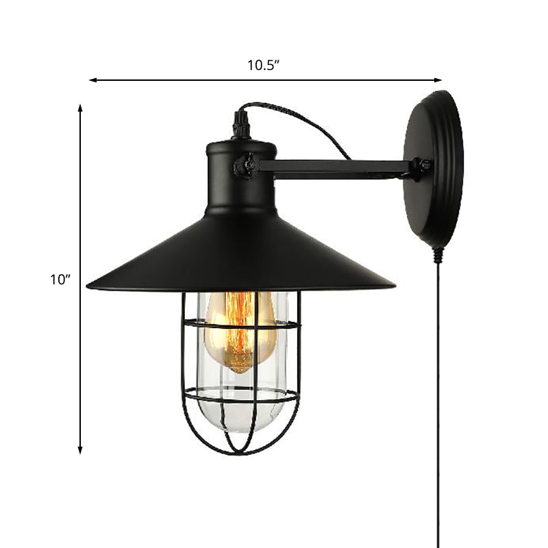 1 Light Cone Sconce Light Industrial Black Clear Glass Wall Lamp for Kitchen with Cage and Plug-In Cord Clearhalo 'Art deco wall lights' 'Cast Iron' 'Glass' 'Industrial wall lights' 'Industrial' 'Middle century wall lights' 'Modern' 'Rustic wall lights' 'Tiffany' 'Traditional wall lights' 'Wall Lamps & Sconces' 'Wall Lights' Lighting' 160219