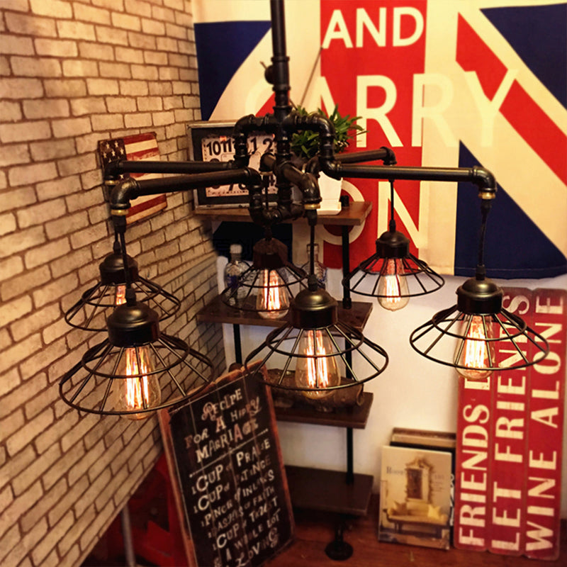 Piped Dining Room Chandelier Lamp Farmhouse Style Metal 6-Light Black Pendant Lighting with Cone Cage Shade Black Clearhalo 'Cast Iron' 'Ceiling Lights' 'Chandeliers' 'Industrial Chandeliers' 'Industrial' 'Metal' 'Middle Century Chandeliers' 'Rustic Chandeliers' 'Tiffany' Lighting' 160340