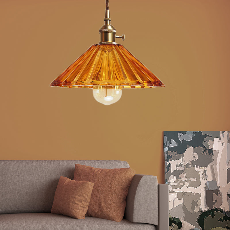 Scalloped Living Room Pendant Lamp Antiqued Grey/Orange/Blue Prismatic Glass 1 Bulb Brass Hanging Light Kit Orange Clearhalo 'Ceiling Lights' 'Glass shade' 'Glass' 'Industrial Pendants' 'Industrial' 'Middle Century Pendants' 'Pendant Lights' 'Pendants' 'Tiffany' Lighting' 1604701