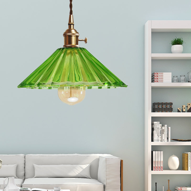 Scalloped Living Room Pendant Lamp Antiqued Grey/Orange/Blue Prismatic Glass 1 Bulb Brass Hanging Light Kit Green Clearhalo 'Ceiling Lights' 'Glass shade' 'Glass' 'Industrial Pendants' 'Industrial' 'Middle Century Pendants' 'Pendant Lights' 'Pendants' 'Tiffany' Lighting' 1604703