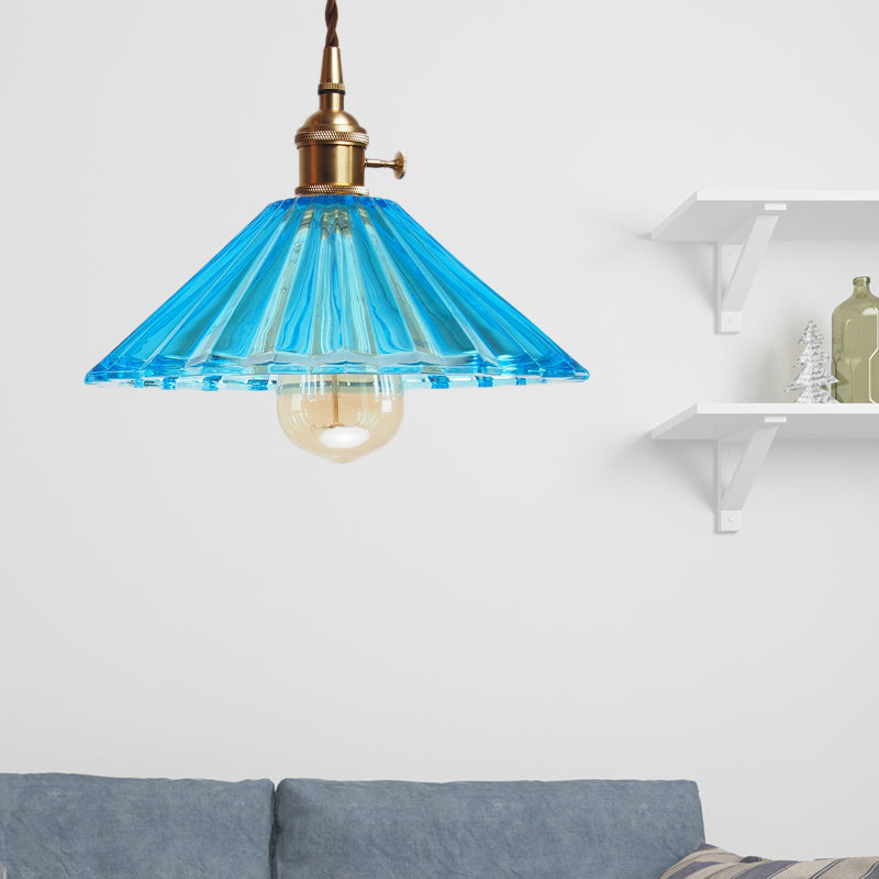 Scalloped Living Room Pendant Lamp Antiqued Grey/Orange/Blue Prismatic Glass 1 Bulb Brass Hanging Light Kit Blue Clearhalo 'Ceiling Lights' 'Glass shade' 'Glass' 'Industrial Pendants' 'Industrial' 'Middle Century Pendants' 'Pendant Lights' 'Pendants' 'Tiffany' Lighting' 1604711