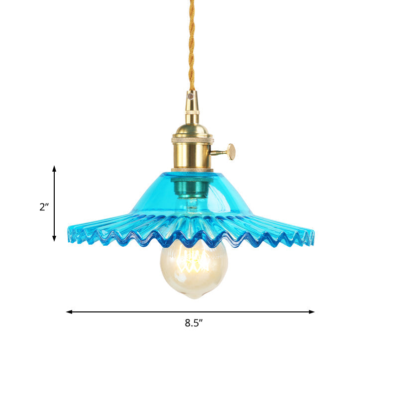 1 Light Hanging Lighting Industrial Scalloped Shade Blue Prismatic Glass Pendant Lamp Fixture Clearhalo 'Ceiling Lights' 'Glass shade' 'Glass' 'Industrial Pendants' 'Industrial' 'Middle Century Pendants' 'Pendant Lights' 'Pendants' 'Tiffany' Lighting' 1604730