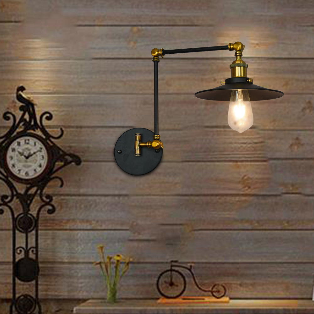 1 Head Saucer Wall Lighting Vintage Black Finish Metal Sconce Lamp with Adjustable Arm for Living Room Black Clearhalo 'Art deco wall lights' 'Cast Iron' 'Glass' 'Industrial wall lights' 'Industrial' 'Middle century wall lights' 'Modern' 'Rustic wall lights' 'Tiffany' 'Traditional wall lights' 'Wall Lamps & Sconces' 'Wall Lights' Lighting' 1604870