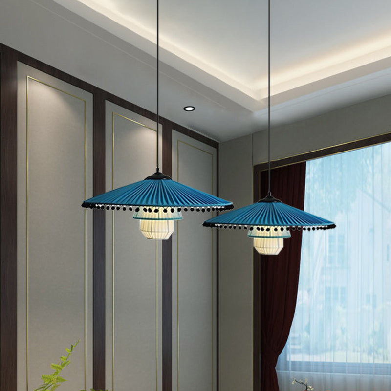 Wide Flare Gathered Fabric Pendant Lamp Modern Stylish 1 Head Blue Ceiling Light with Bead Droplet Clearhalo 'Ceiling Lights' 'Modern Pendants' 'Modern' 'Pendant Lights' 'Pendants' Lighting' 1604944