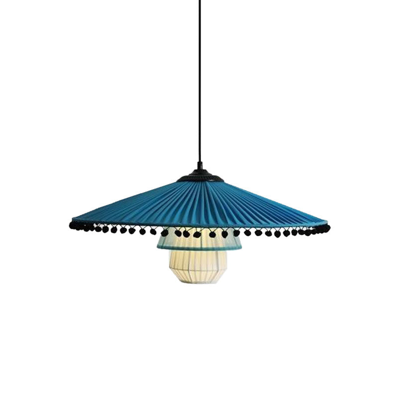 Wide Flare Gathered Fabric Pendant Lamp Modern Stylish 1 Head Blue Ceiling Light with Bead Droplet Clearhalo 'Ceiling Lights' 'Modern Pendants' 'Modern' 'Pendant Lights' 'Pendants' Lighting' 1604945