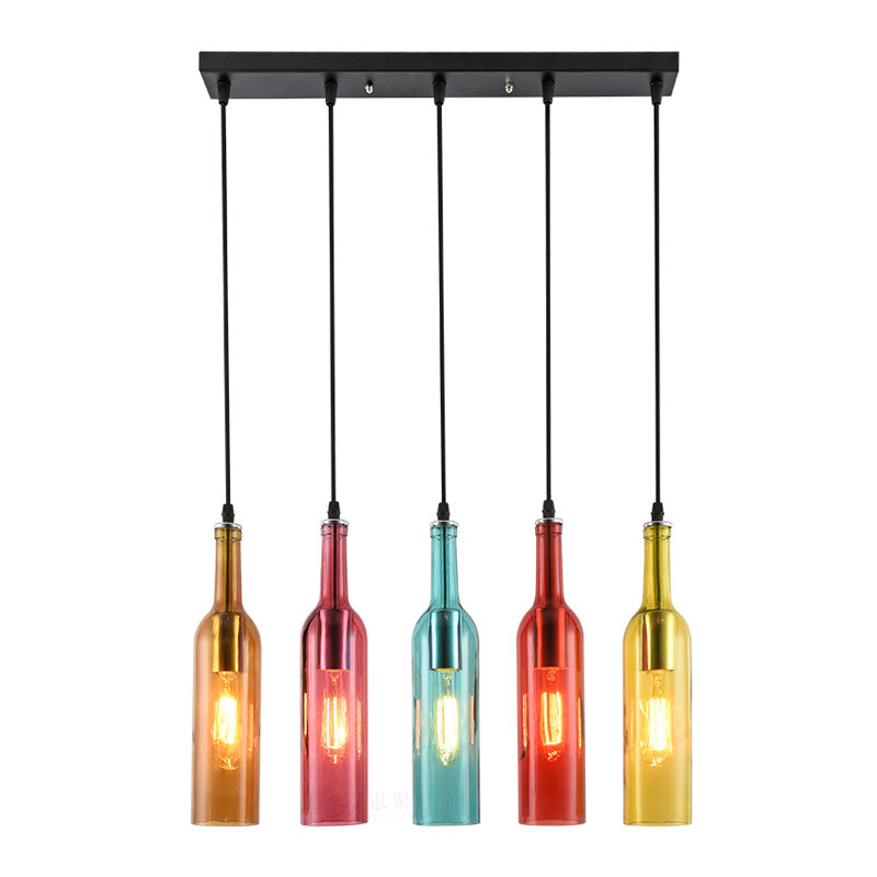 5 Heads Linear Pendant Light Fixture Vintage Style Black Finish Glass Suspension Light with Bottle Shade Clearhalo 'Ceiling Lights' 'Industrial Pendants' 'Industrial' 'Middle Century Pendants' 'Pendant Lights' 'Pendants' 'Tiffany' Lighting' 160499