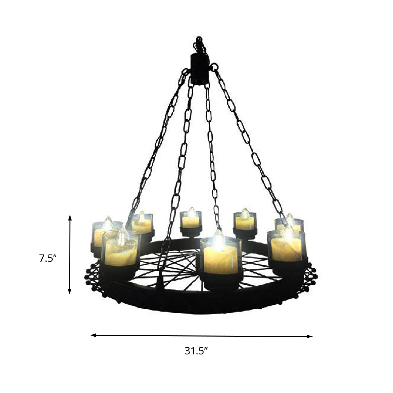 Vintage Candle Ceiling Light Fixture with Cylinder Shade and Wheel 8-Light Iron Chandelier Lighting in Black for Restaurant Clearhalo 'Cast Iron' 'Ceiling Lights' 'Chandeliers' 'Industrial Chandeliers' 'Industrial' 'Metal' 'Middle Century Chandeliers' 'Rustic Chandeliers' 'Tiffany' Lighting' 160624