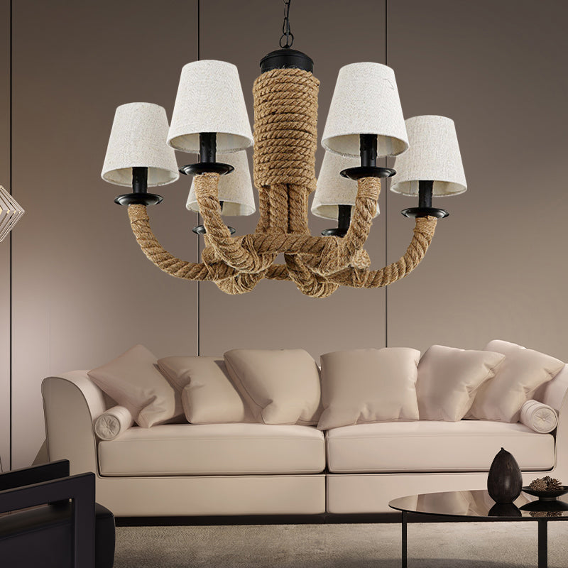 Fabric Tapered Hanging Chandelier Light Countryside 6 Lights Living Room Pendant Lamp with Rope in Beige Beige Clearhalo 'Ceiling Lights' 'Chandeliers' 'Industrial Chandeliers' 'Industrial' 'Middle Century Chandeliers' 'Tiffany' Lighting' 160790