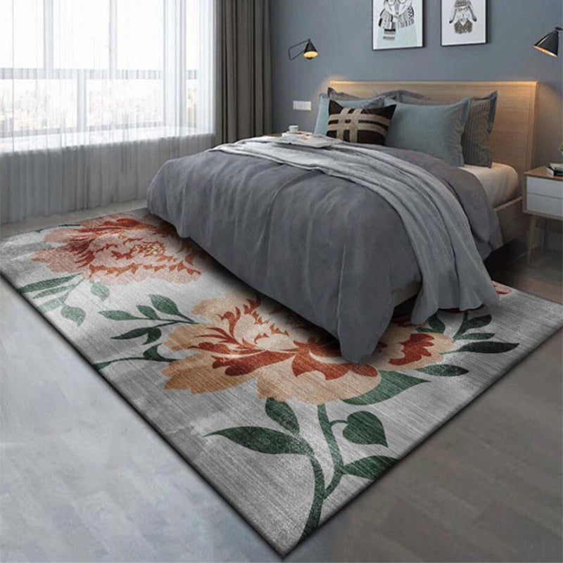 Grey and Red Oriental Rug Polyester Floral and Leaf Pattern Rug Washable Non-Slip Backing Carpet for Bedroom Clearhalo 'Area Rug' 'Rug' 1608759