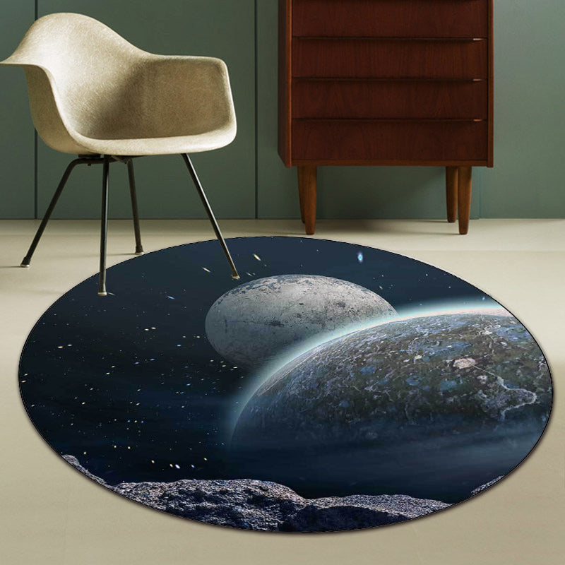 Modern Living Room Rug in Blue and Black Outer Space Planet Print Rug Polyester Pet Friendly Machine Washable Area Rug Dark Blue Clearhalo 'Area Rug' 'Modern' 'Rugs' Rug' 1608766