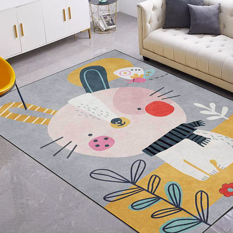 Casual Kids Rug in Grey Animal Rabbit Floral Leaf Pattern Rug Polyester Pet Friendly Washable Carpet for Nursery Clearhalo 'Area Rug' 'Rug' 1608879