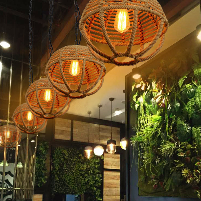 1 Bulb Pendant Light Retro Global Cage Hemp Rope Ceiling Pendant in Beige for Living Room Clearhalo 'Ceiling Lights' 'Industrial Pendants' 'Industrial' 'Middle Century Pendants' 'Pendant Lights' 'Pendants' 'Tiffany' Lighting' 160900