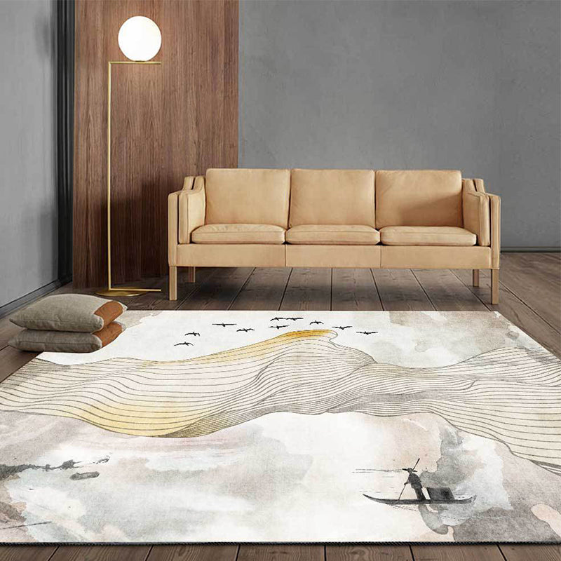 Vintage Swirl Stripe Pattern Rug with Bird and Character Yellow Polyester Rug Machine Washable Non-Slip Area Rug for Bedroom Clearhalo 'Area Rug' 'Rug' 1609506