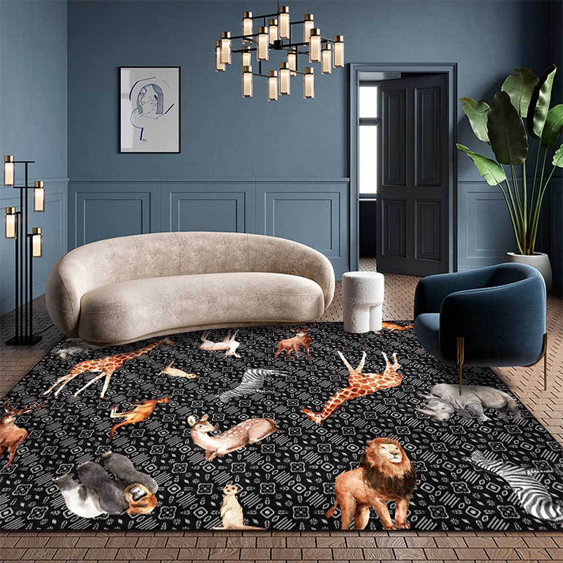 Contemporary Animals Pattern Rug Black and White Polyester Rug Machine Washable Non-Slip Area Rug for Bedroom Black Clearhalo 'Area Rug' 'Modern' 'Rugs' Rug' 1609667