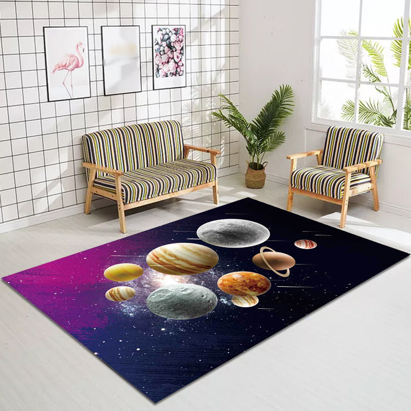 Kids Bedroom Rug in Black and Purple Outer Space Galaxy Planet Print Rug Polyester Machine Washable Area Rug Clearhalo 'Area Rug' 'Rug' 1609759