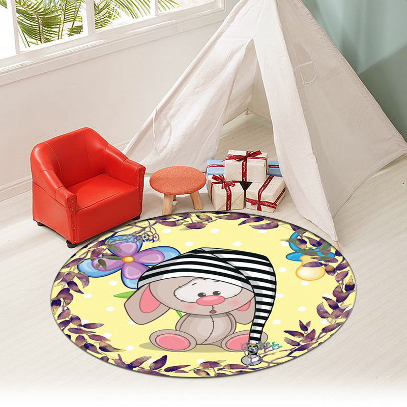 Cute Cartoon Mouse Pattern Rug with Floral and Leaf Yellow Kids Rug Polyester Washable Non-Slip Area Rug for Nursery Yellow Clearhalo 'Area Rug' 'Rug' 1609996