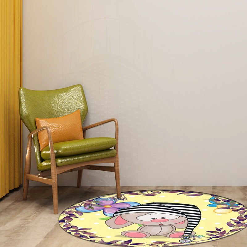 Cute Cartoon Mouse Pattern Rug with Floral and Leaf Yellow Kids Rug Polyester Washable Non-Slip Area Rug for Nursery Clearhalo 'Area Rug' 'Rug' 1609997