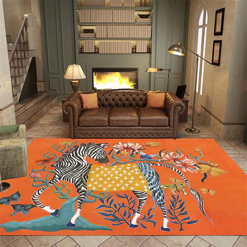 Casual Zebra Pattern Rug with Floral Orange Polyester Rug Machine Washable Non-Slip Area Rug for Bedroom Clearhalo 'Area Rug' 'Modern' 'Rugs' Rug' 1610211