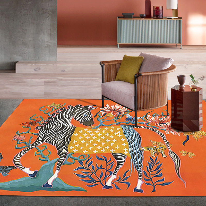 Casual Zebra Pattern Rug with Floral Orange Polyester Rug Machine Washable Non-Slip Area Rug for Bedroom Clearhalo 'Area Rug' 'Modern' 'Rugs' Rug' 1610212