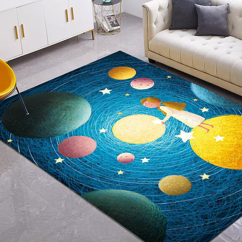 Cute Kids Rug in Blue Outer Space Planet Figure Pattern Rug Polyester Non-Slip Washable Carpet for Nursery Clearhalo 'Area Rug' 'Rug' 1610451