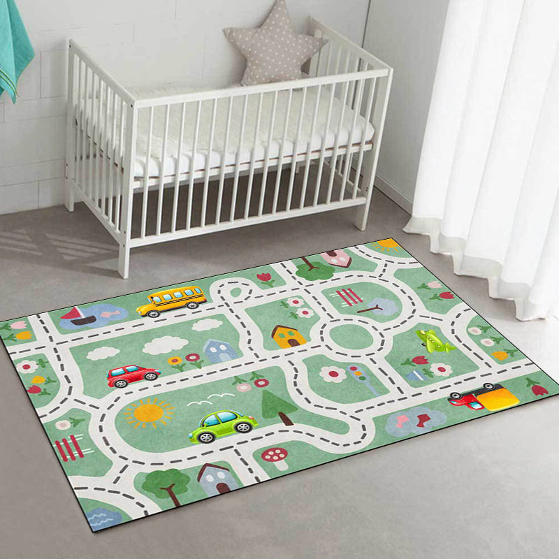 Cute Kids Rug in Green Cars & Roads House Flower Tree Pattern Rug Polyester Pet Friendly Carpet for Nursery Clearhalo 'Area Rug' 'Rug' 1610459