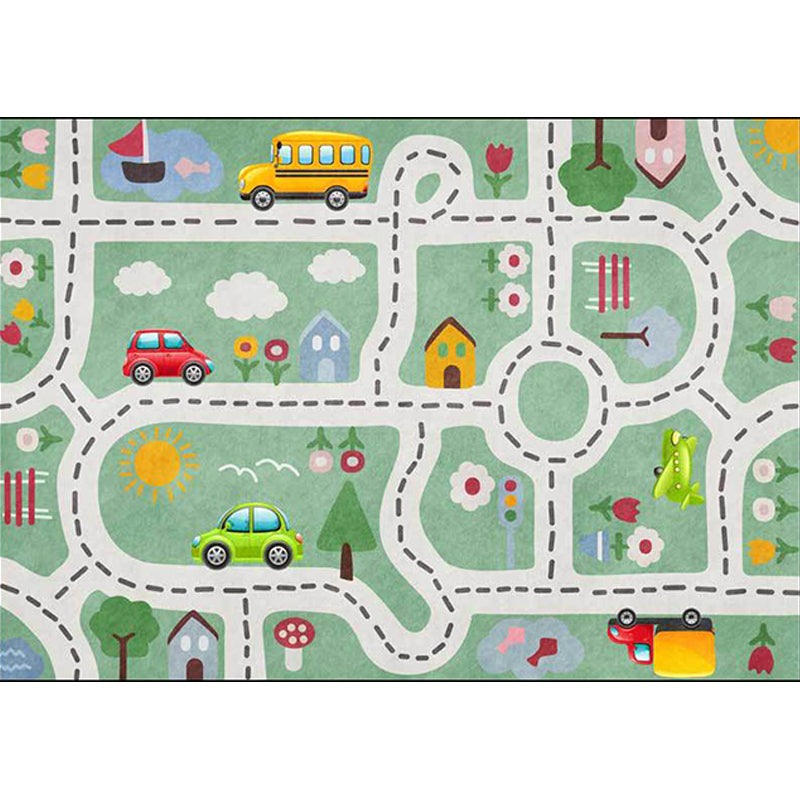 Cute Kids Rug in Green Cars & Roads House Flower Tree Pattern Rug Polyester Pet Friendly Carpet for Nursery Clearhalo 'Area Rug' 'Rug' 1610460