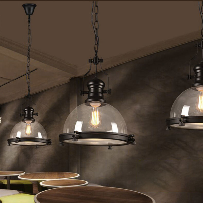 1-Light Dome Shade Pendant Lighting Fixture Industrial Black Clear Glass Hanging Ceiling Light with Trim Ring Clear Clearhalo 'Ceiling Lights' 'Glass shade' 'Glass' 'Industrial Pendants' 'Industrial' 'Middle Century Pendants' 'Pendant Lights' 'Pendants' 'Tiffany' Lighting' 161053