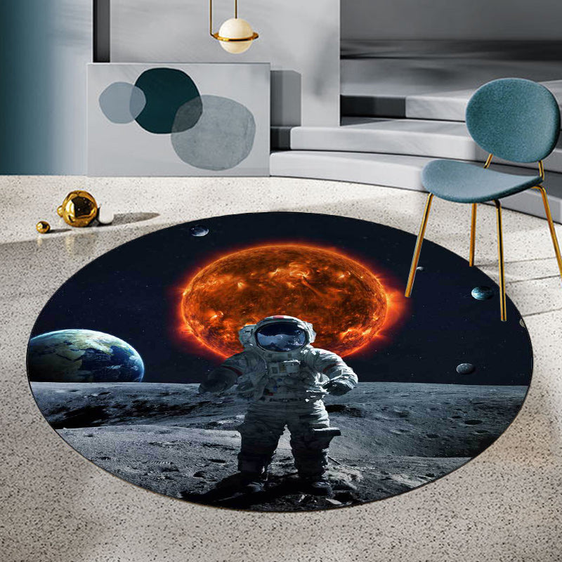 Black and Grey Bedroom Rug Modern Outer Space Planet Astronaut Pattern Area Rug Polyester Stain-Resistant Carpet Dark Gray Clearhalo 'Area Rug' 'Modern' 'Rugs' Rug' 1610662