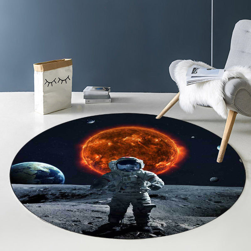 Black and Grey Bedroom Rug Modern Outer Space Planet Astronaut Pattern Area Rug Polyester Stain-Resistant Carpet Clearhalo 'Area Rug' 'Modern' 'Rugs' Rug' 1610663