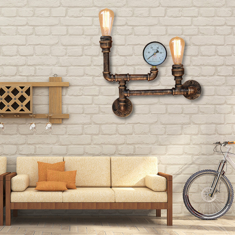 2 Lights Iron Wall Light Vintage Antique Brass Exposed Bulb Living Room Wall Mount Lamp with Pressure Gauge Antique Brass Clearhalo 'Art deco wall lights' 'Cast Iron' 'Glass' 'Industrial wall lights' 'Industrial' 'Middle century wall lights' 'Modern' 'Rustic wall lights' 'Tiffany' 'Traditional wall lights' 'Wall Lamps & Sconces' 'Wall Lights' Lighting' 161096