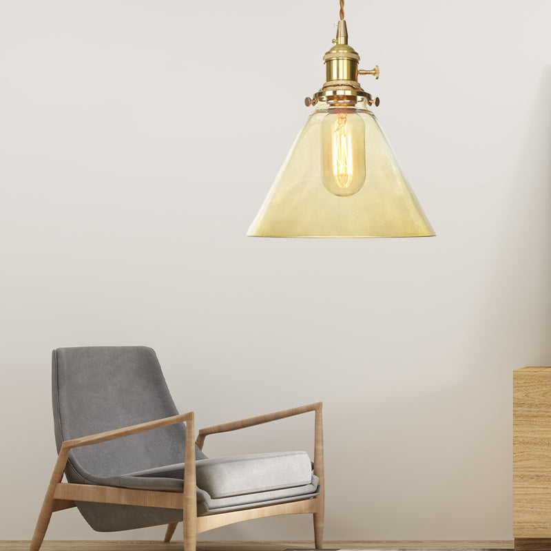 Brass 1 Light Pendant Ceiling Light Farmhouse Clear/Amber Glass Cone Lighting Fixture for Living Room Amber Clearhalo 'Ceiling Lights' 'Glass shade' 'Glass' 'Industrial Pendants' 'Industrial' 'Middle Century Pendants' 'Pendant Lights' 'Pendants' 'Tiffany' Lighting' 161155