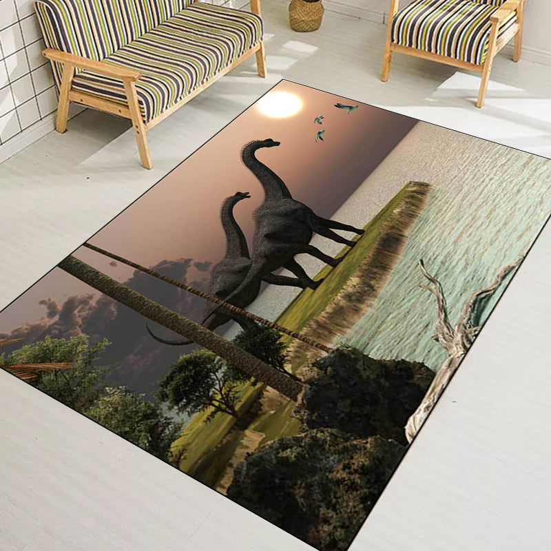 Orange and Green Novelty Rug Polyester Dinosaur and Lake Pattern Rug Washable Non-Slip Backing Carpet for Living Room Clearhalo 'Area Rug' 'Modern' 'Rugs' Rug' 1613315