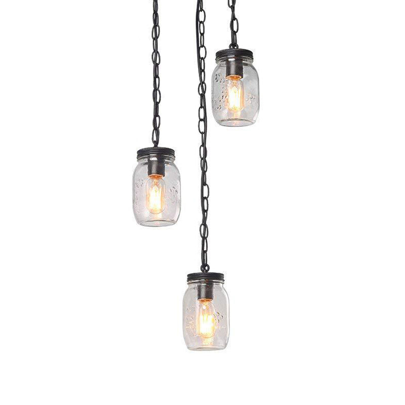 3 Lights Clear Glass Multi Pendant Light Fitting Industrial Black Jar Dining Room Hanging Lamp Clearhalo 'Ceiling Lights' 'Glass shade' 'Glass' 'Industrial Pendants' 'Industrial' 'Middle Century Pendants' 'Pendant Lights' 'Pendants' 'Tiffany' Lighting' 161335