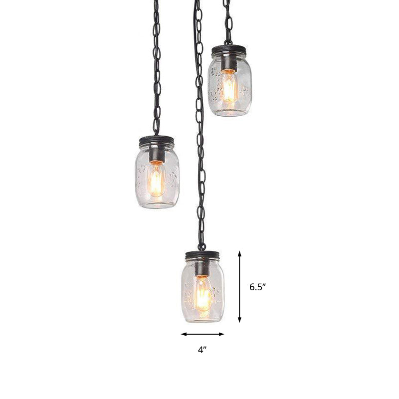 3 Lights Clear Glass Multi Pendant Light Fitting Industrial Black Jar Dining Room Hanging Lamp Clearhalo 'Ceiling Lights' 'Glass shade' 'Glass' 'Industrial Pendants' 'Industrial' 'Middle Century Pendants' 'Pendant Lights' 'Pendants' 'Tiffany' Lighting' 161336