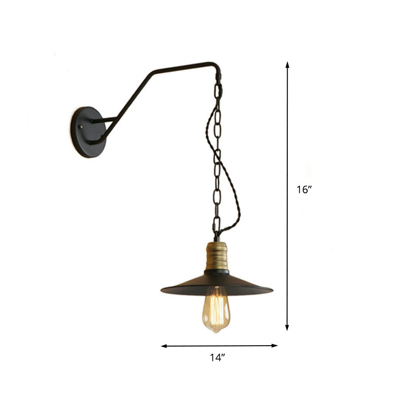 1 Bulb Wall Hanging Light with Flat Shade and Chain Metal Vintage Style Living Room Sconce Lighting in Black, 7