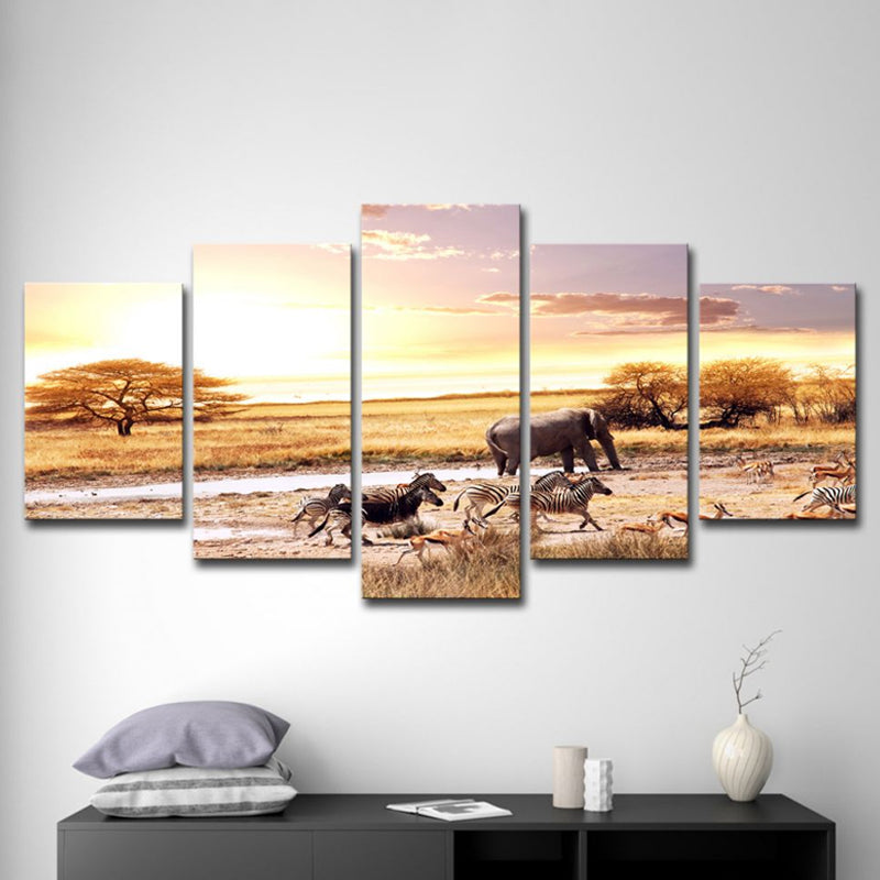 Yellow African Savanna Landscape Art Print Zebra and Elephant Tropix Multi-Piece Canvas Clearhalo 'Art Gallery' 'Canvas Art' 'Contemporary Art Gallery' 'Modern' Arts' 1614319