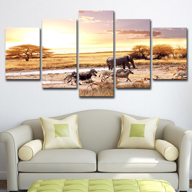 Yellow African Savanna Landscape Art Print Zebra and Elephant Tropix Multi-Piece Canvas Clearhalo 'Art Gallery' 'Canvas Art' 'Contemporary Art Gallery' 'Modern' Arts' 1614320