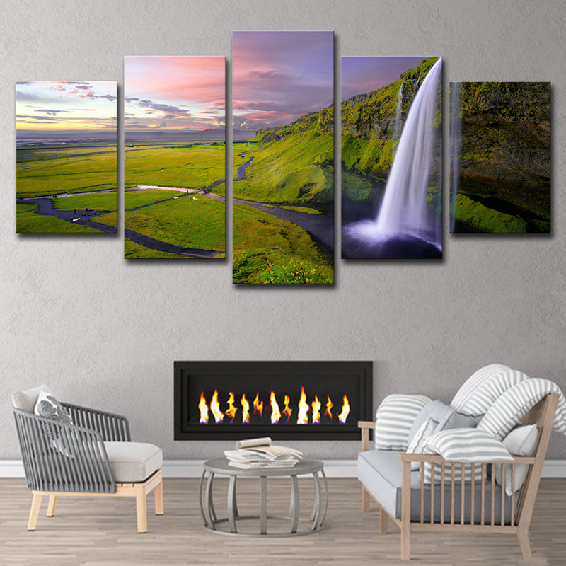 Waterfall and Grassland Scenery Canvas Art Modern Multi-Piece Wall Decor in Green Green Clearhalo 'Art Gallery' 'Canvas Art' 'Contemporary Art Gallery' 'Modern' Arts' 1614626