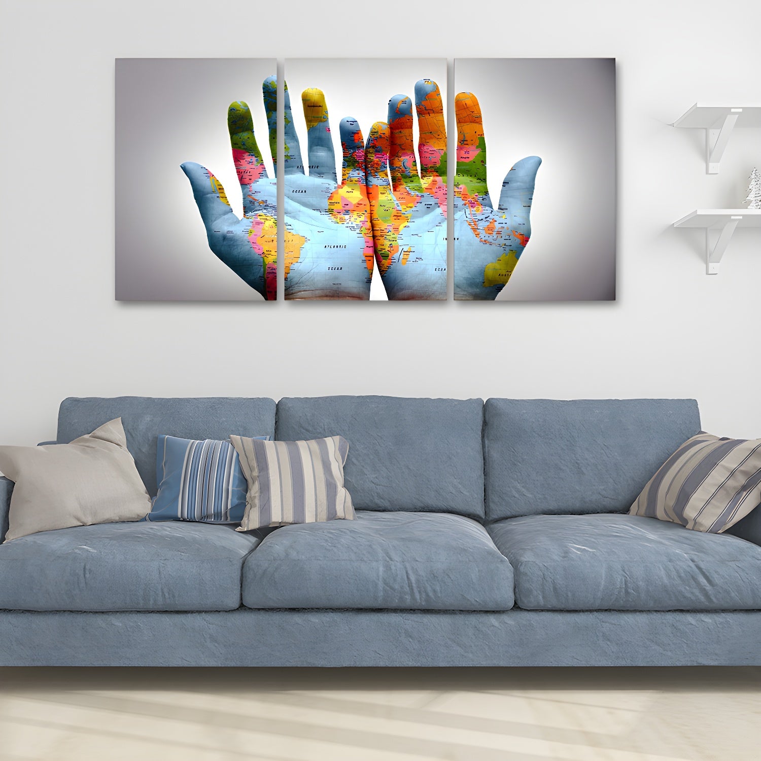 Photography World Map Hands Art Print for Meeting Room, Blue and White, Set of 3 Blue 24