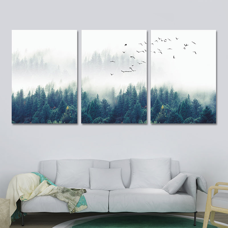 Textured Green Canvas Print Modern Bird Flocks Flying over Misty Forest Wall Art Set Green Clearhalo 'Art Gallery' 'Canvas Art' 'Contemporary Art Gallery' 'Modern' Arts' 1616478