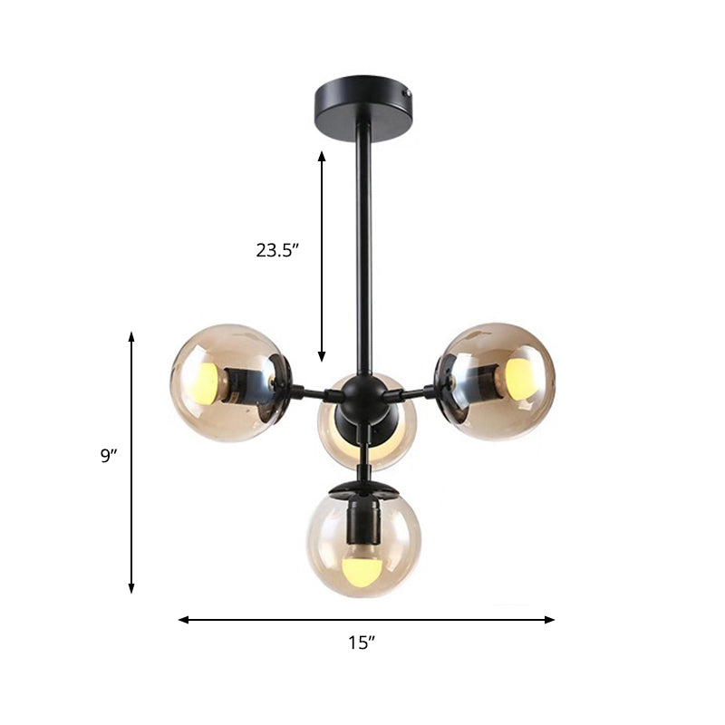 Orb Dining Room Ceiling Chandelier Vintage Amber Glass 4 Lights Black Hanging Fixture Clearhalo 'Ceiling Lights' 'Chandeliers' 'Close To Ceiling Lights' 'Glass shade' 'Glass' 'Industrial Chandeliers' 'Industrial' 'Middle Century Chandeliers' 'Tiffany' Lighting' 161669