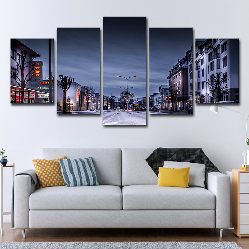 Winter City Street Canvas Art Contemporary Multi-Piece Wall Decoration in Dark Blue Dark Blue Clearhalo 'Art Gallery' 'Canvas Art' 'Contemporary Art Gallery' 'Modern' Arts' 1616741