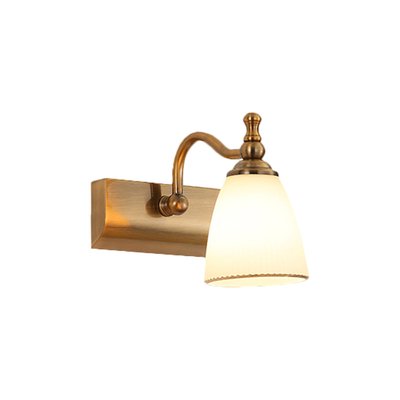 1/2-Bulb Wall Mount Lamp Cottage Bell Shape Frosted Glass Vanity Light Fixture in Brass Clearhalo 'Vanity Lights' 'Wall Lights' Lighting' 1616920