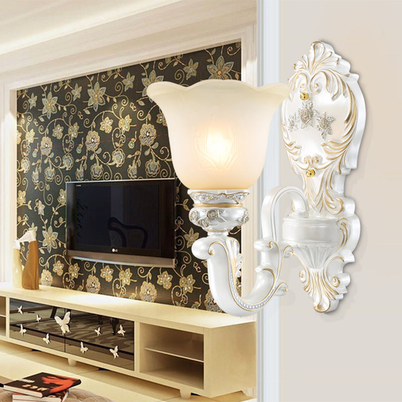 Cream Glass White Wall Light Floral 1/2-Head Cottage Wall Sconce Lighting with Swooping Arm Clearhalo 'Wall Lamps & Sconces' 'Wall Lights' Lighting' 1616952